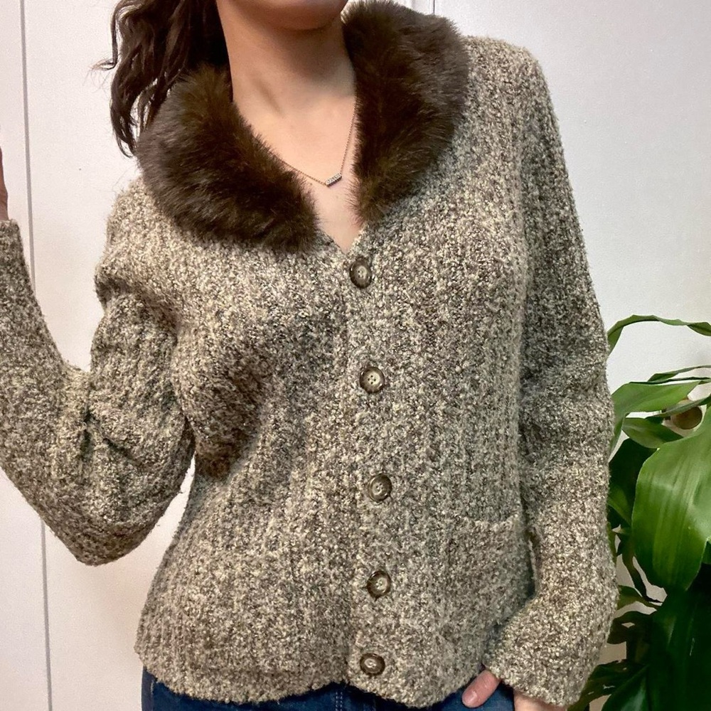 Fur Trim Knit Cardigan Brown Tan Size Large